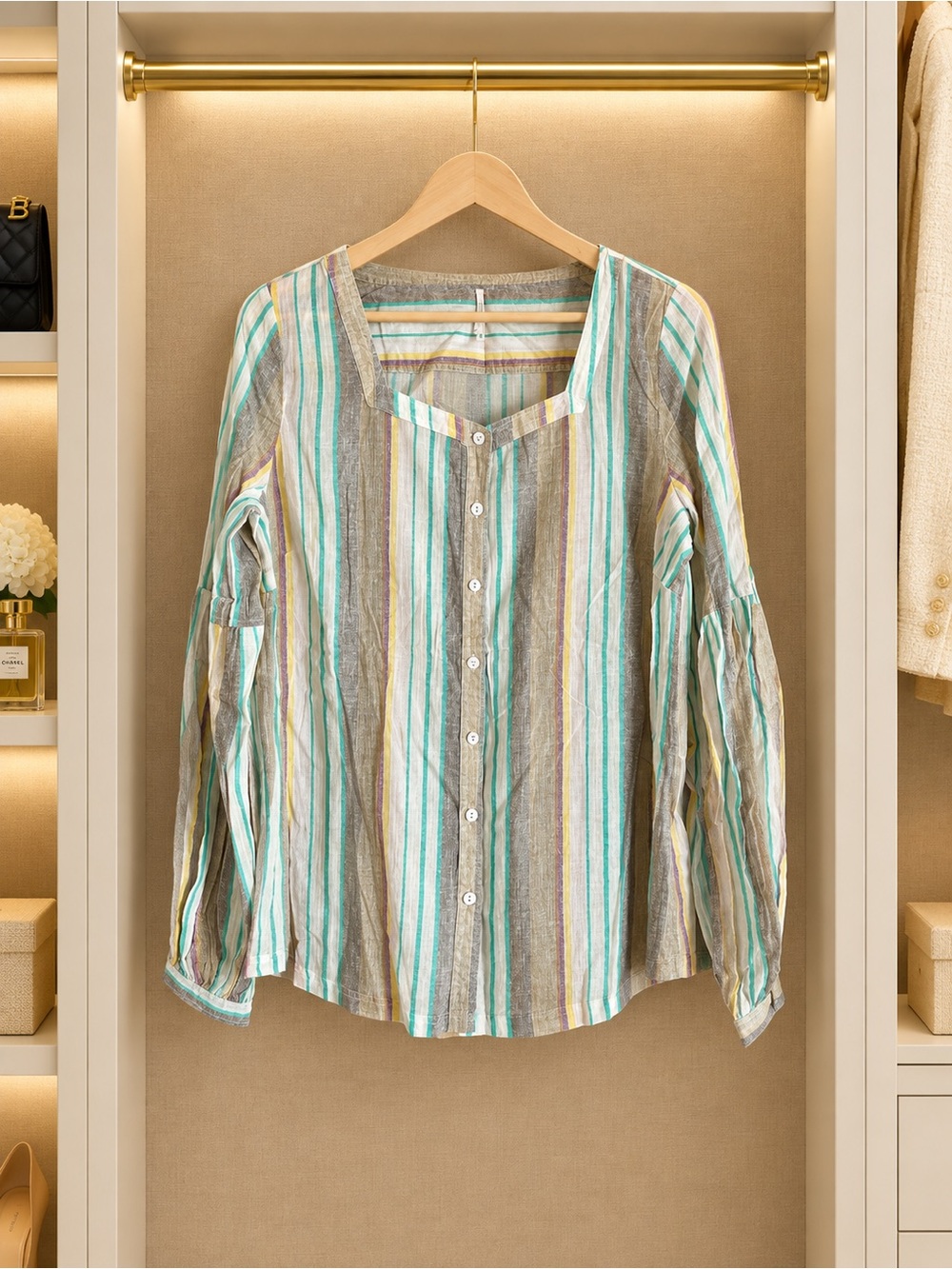 Free People Striped Cotton Button-Front Women's Top Medium S-10